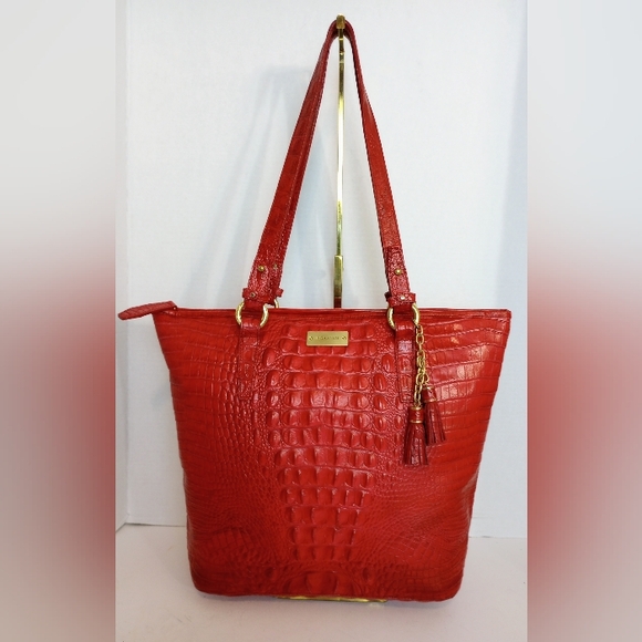 Brahmin Handbags - Brahmin Red Medium Asher Crocodile Embossed Leather Tote Bag, Tassel